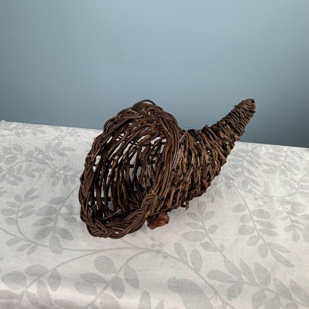 Fall decor woven rustic cornucopia Thanksgiving tablescape horn of plenty
